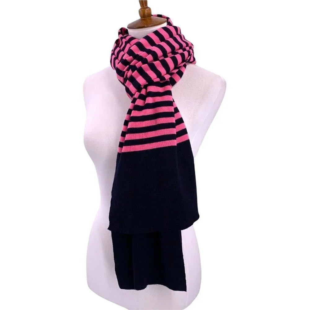 J.CREW Pink and Navy Blue Stripe 100% Merino Wool Knit Scarf
